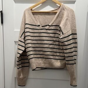 Madewell Cream and Black Striped V-Neck Sweater